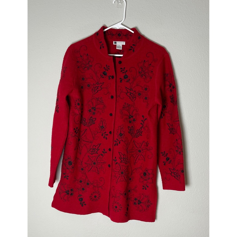 Carole Little Red Wool Embroidered Cardigan Sweater Floral Longline M